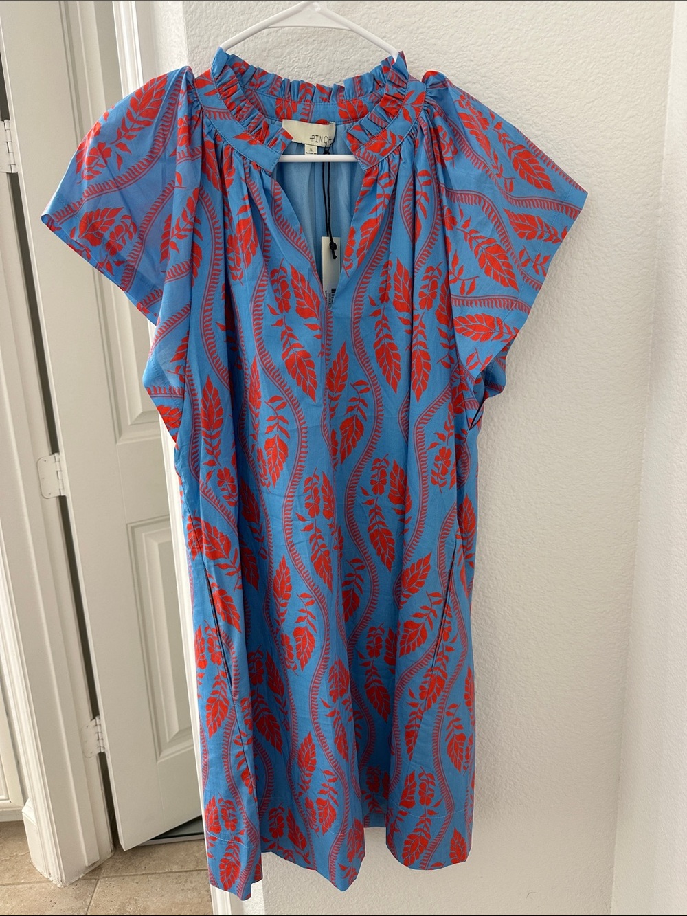 Pinch Blue Short-Sleeve Mini Dress with Red Leaf Print